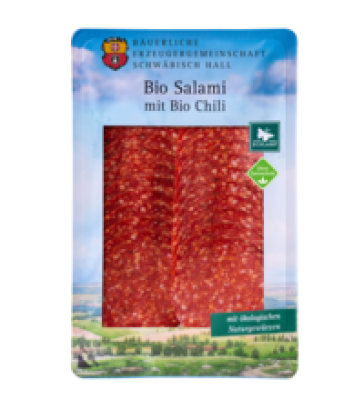 Salami mit Chili, geschnitten, 70 gr Packung, Bäuerliche Erzeugergemeinschaft Schwäbisch Hall