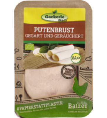 Putenbrust, gegart und geräuchert, geschnitten, 80 gr Packung, Gackerle Bio