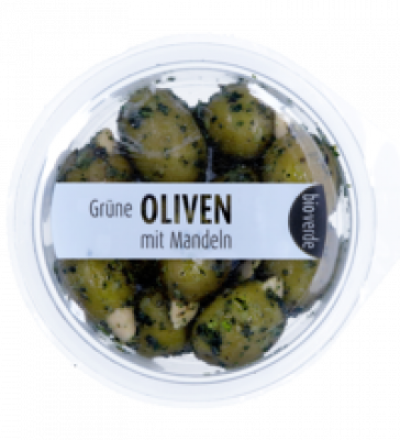 Grüne Oliven mit Mandeln, vegan, 80 gr Becher, bio-verde