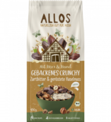 Müsli „Mit Herz & Hand” - Gebackenes Crunchy Zartbitter & geröstete Haselnuss, vegan, 450 gr Packung, Allos