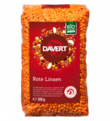 Rote Linsen, vegan, 500 gr Packung, Davert