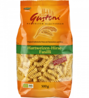 Hartweizen-Hirse-Fusilli, hell, vegan, 500 gr Packung, Gustoni
