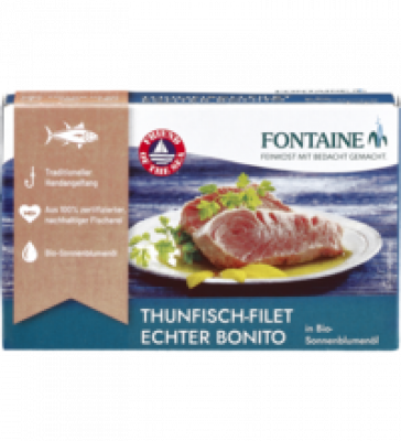 Thunfisch-Filet Echter Bonito in Bio-Sonnenblumenöl, 120 gr Dose (Abtropfgewicht 90 gr), Fontaine