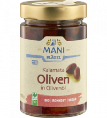 Kalamata Oliven in Olivenöl, vegan, 280 gr Glas (Abtropfgewicht 180 gr), Mani