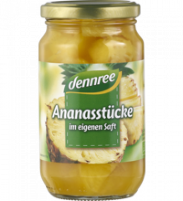 Ananas-Stücke im eigenen Saft, vegan, 350 gr Glas, dennree