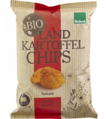 Kesselchips Tomate, vegan, 125 gr Packung, Landkartoffelchips